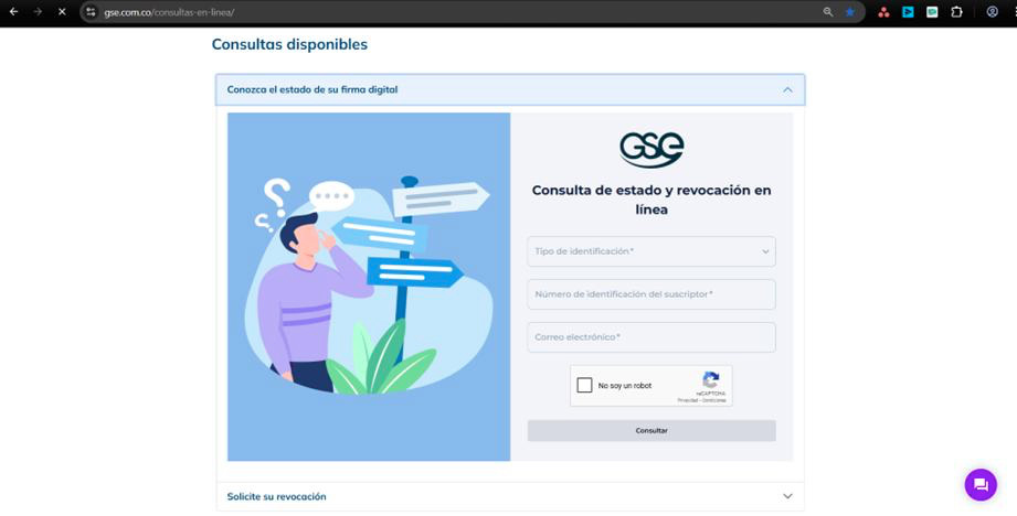 Pantalla de consulta de estado del certificado digital en gse.com.co